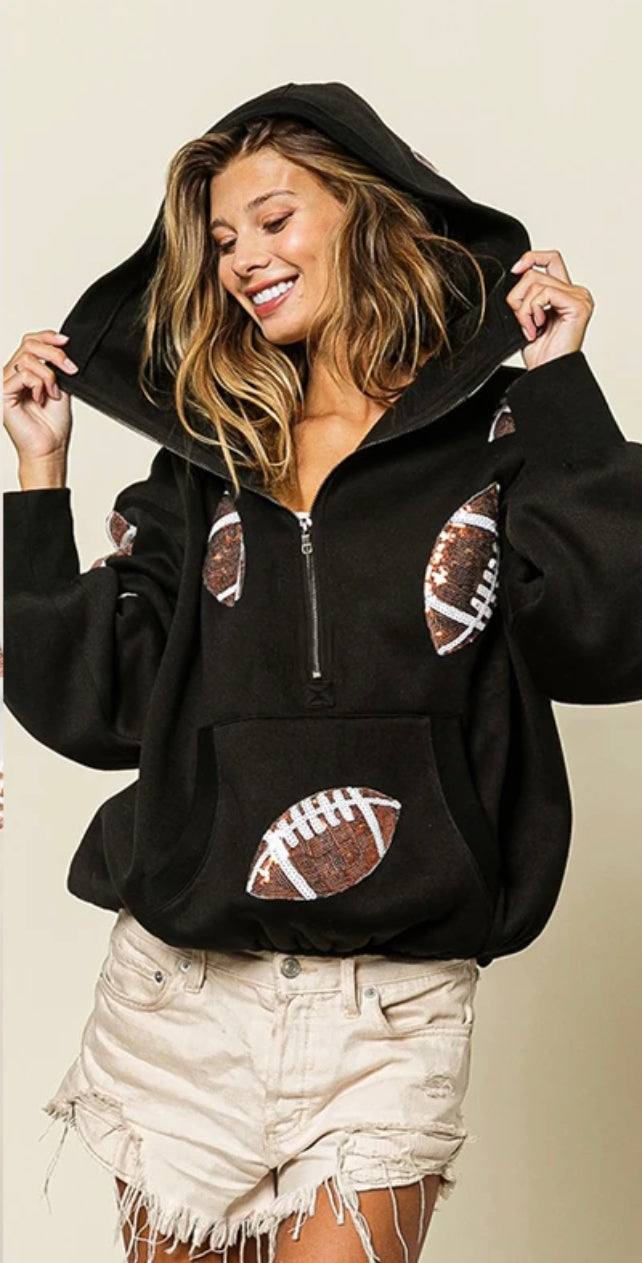 Glitter hooded half zip sweater |Black